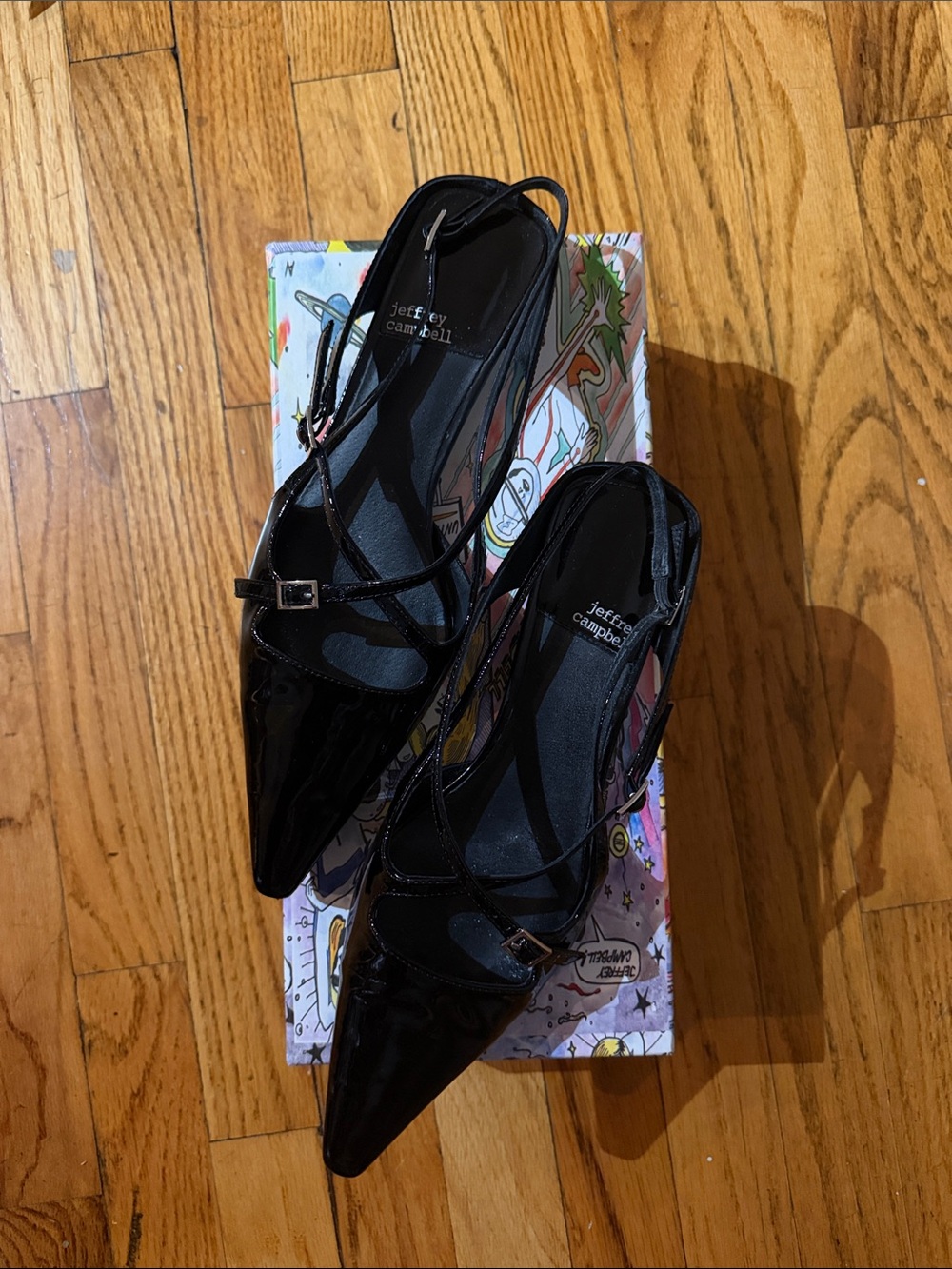 Jeffrey Campbell Black Patent Pointed-Toe Strap Flats